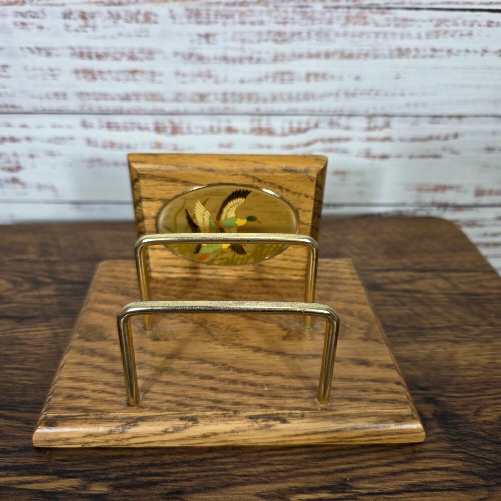 VTG Enesco Mallard Duck Letter/Napkin Holder Wood & Metal Rustic Decor READ